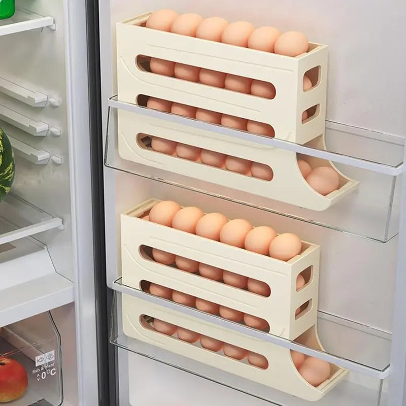 [Limited Time Deal] 4 Tiers Egg Holder for Fridge， Automatic Egg Rolling Rack, 30 Eggs Storage Rack, Egg Distributor for Refrigerator, Egg Storage Rack for Kitchen (White)