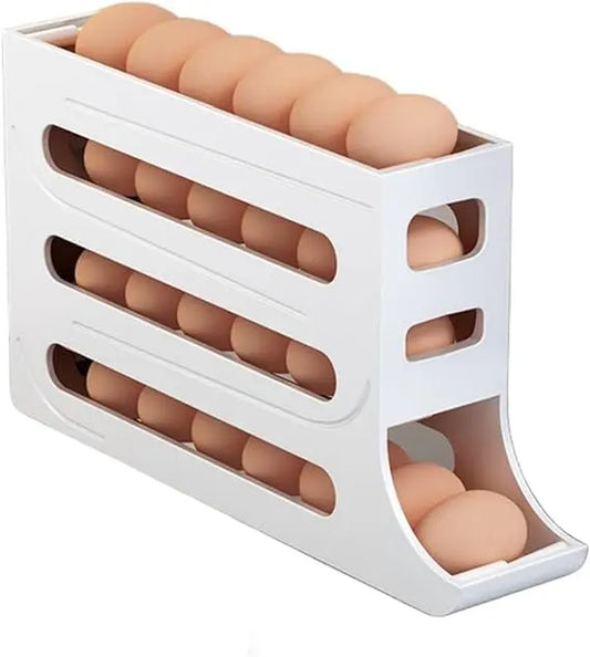 [Limited Time Deal] 4 Tiers Egg Holder for Fridge， Automatic Egg Rolling Rack, 30 Eggs Storage Rack, Egg Distributor for Refrigerator, Egg Storage Rack for Kitchen (White)