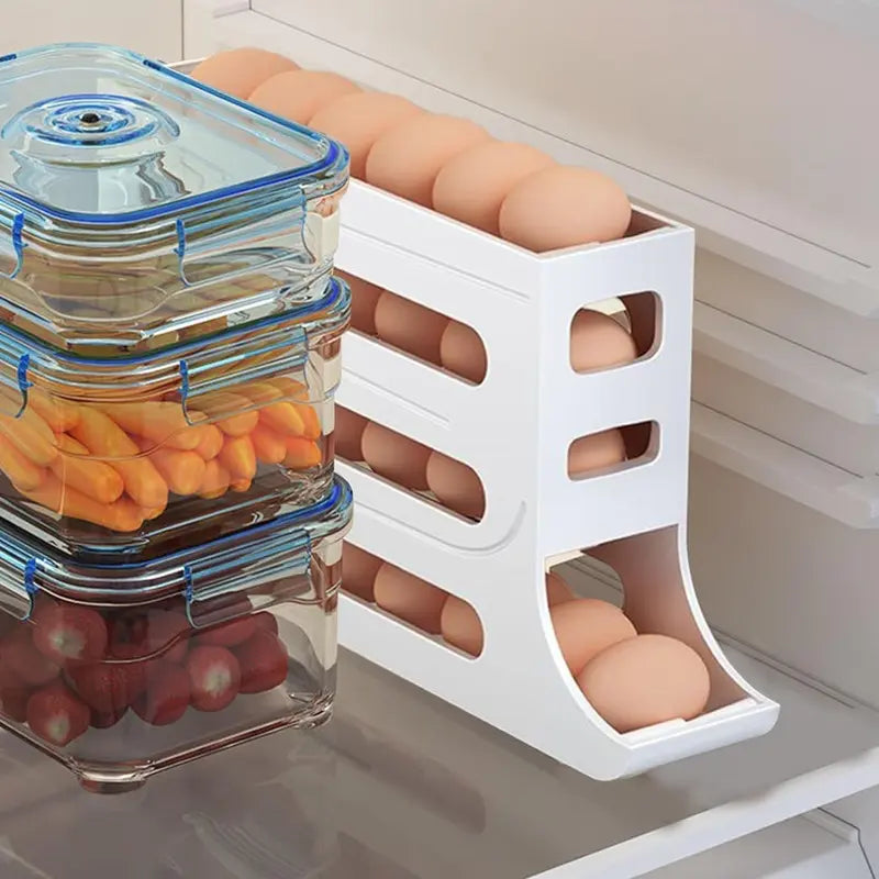 [Limited Time Deal] 4 Tiers Egg Holder for Fridge， Automatic Egg Rolling Rack, 30 Eggs Storage Rack, Egg Distributor for Refrigerator, Egg Storage Rack for Kitchen (White)