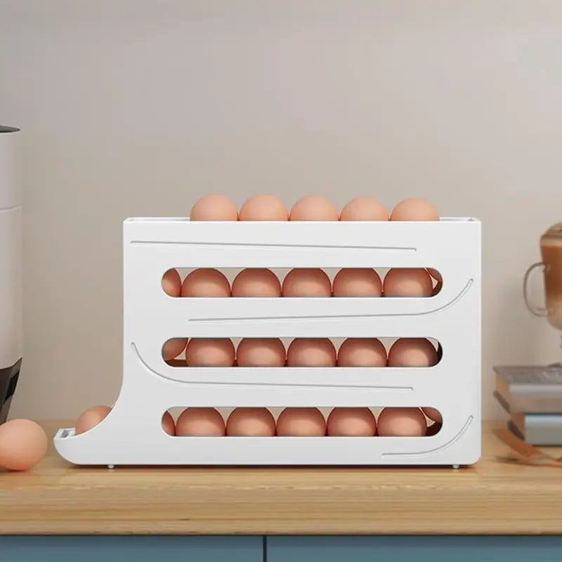 [Limited Time Deal] 4 Tiers Egg Holder for Fridge， Automatic Egg Rolling Rack, 30 Eggs Storage Rack, Egg Distributor for Refrigerator, Egg Storage Rack for Kitchen (White)