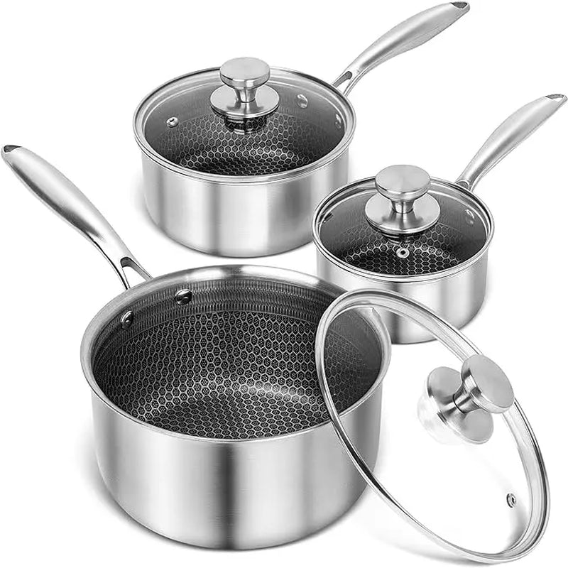 MICHELANGELO Stainless Steel Saucepan Set 1QT & 2QT & 3QT, Premium Triple Ply Sauce Pan with Lid, Sauce Pot with Honeycomb Interior - 6Pcs Cookware Handles