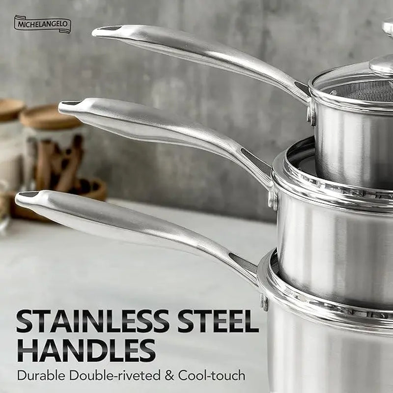 MICHELANGELO Stainless Steel Saucepan Set 1QT & 2QT & 3QT, Premium Triple Ply Sauce Pan with Lid, Sauce Pot with Honeycomb Interior - 6Pcs Cookware Handles